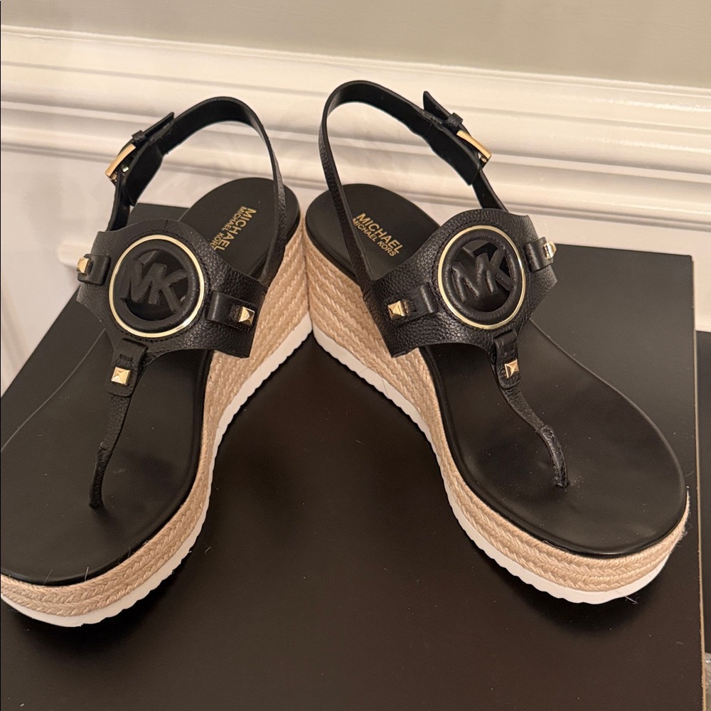 Michael Kors Black and Tan Wedge Sandals